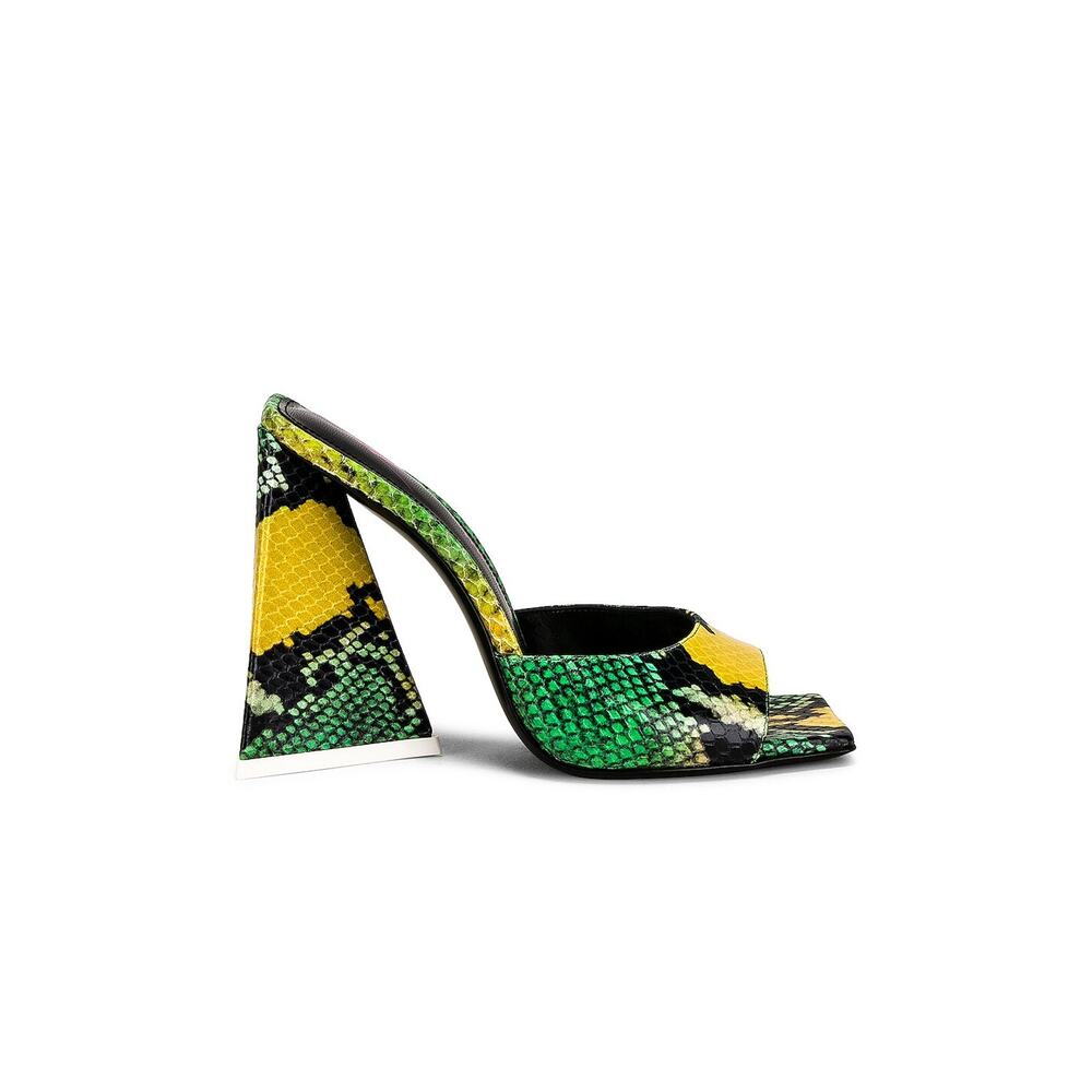 The Attico Yellow and Green Python-Print Peep-Toe Mules